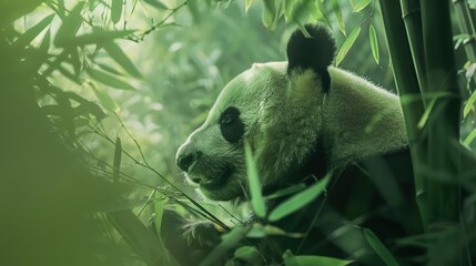 Giant panda in its natural habitat, surrounded by lush green bamboo foliage and branches