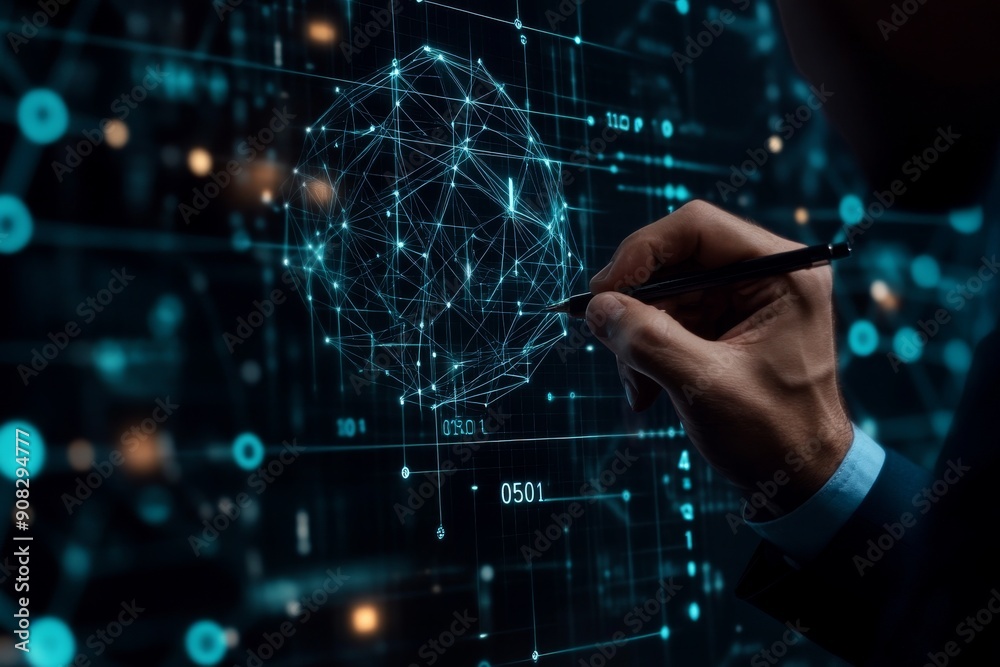 Poster businessman drawing network connection on digital screen with binary code and geometric shapes backg