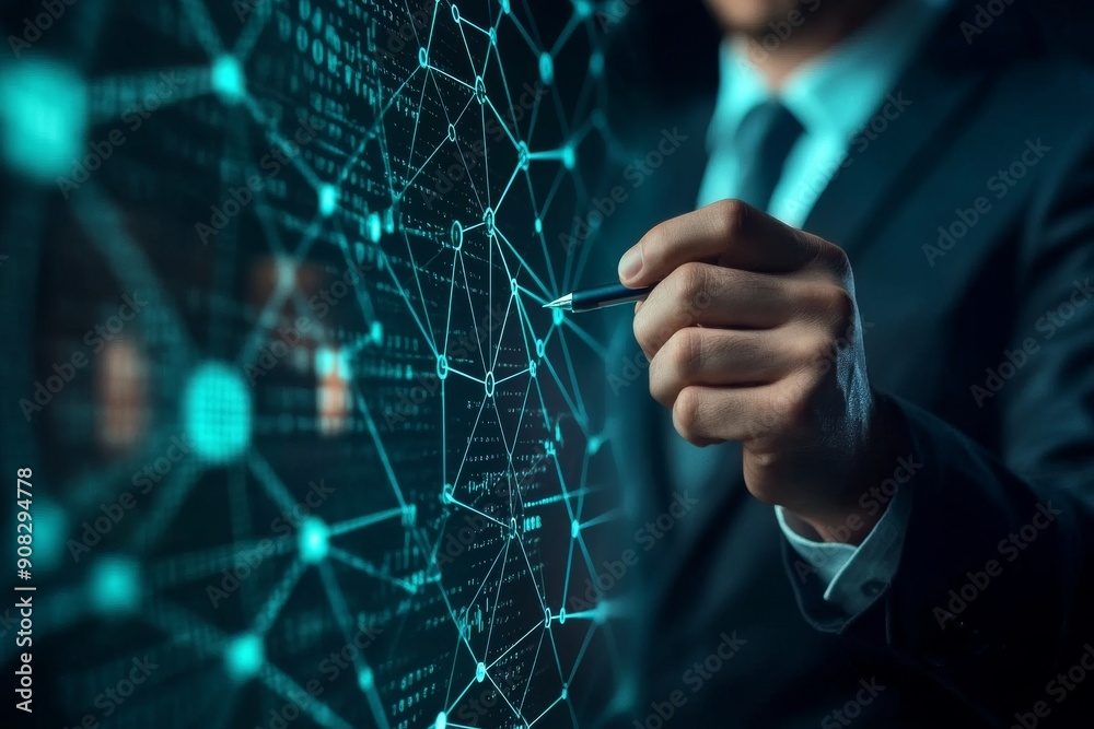 Poster businessman drawing digital network on virtual screen with binary code and connecting dots backgroun
