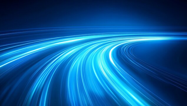 Abstract blue light speed lines background, fast moving in curved path with motion blur effect. Digital technology concept
