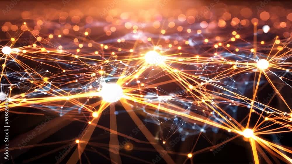 Poster dynamic digital grid with interconnected nodes and bright lines