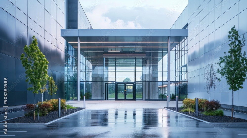 Poster modern office building with extensive glass architecture