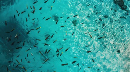 Aerial view of a school of fish swimming in crystal clear turquoise water near the surface