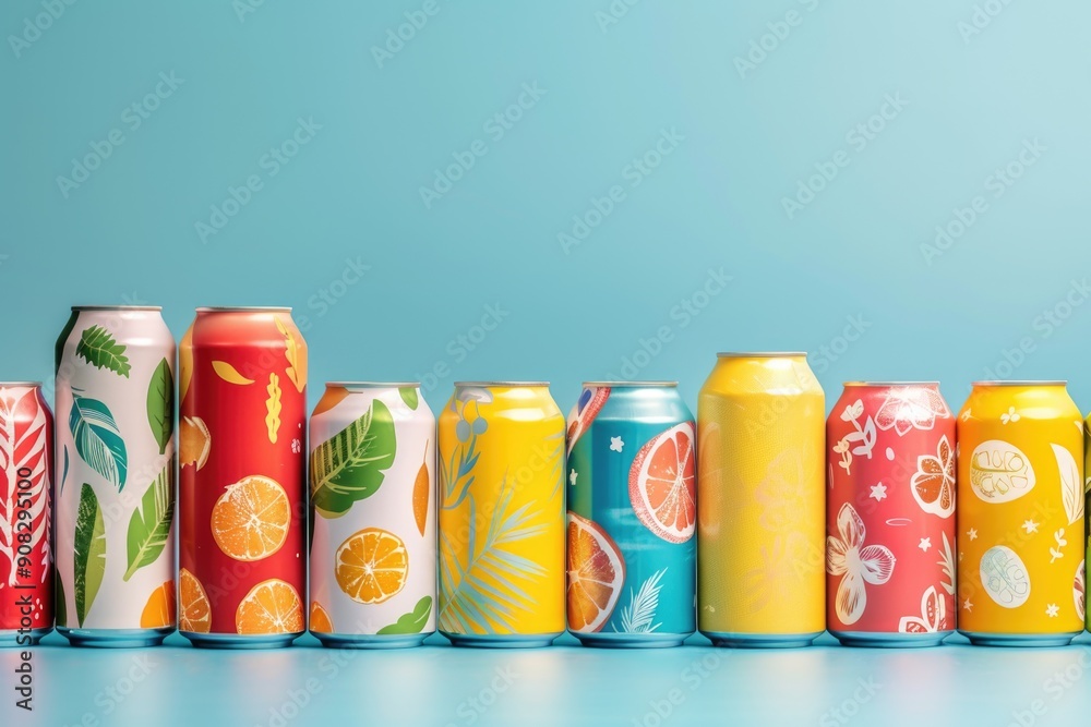 Poster a row of colorful cans with different flavors of beverages