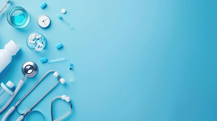 Obraz premium Clean Minimalist Blue Background with Medical Icons for Headlines and Text Space