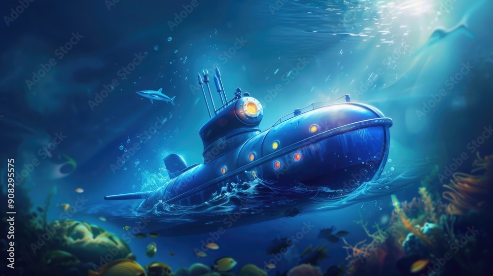 Poster A submarine navigates through the middle of the ocean, surrounded by water and possibly some sea creatures