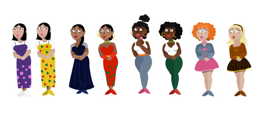 The set of funny characters. Smiling women of different races and nationalities. Flirty mood. Asian, european black skinned, indian, latino girls. Vector illustration.