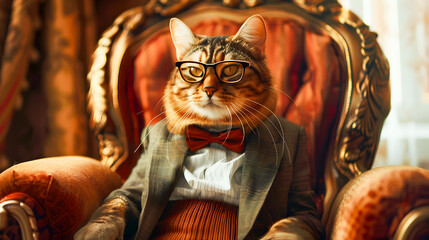 A sophisticated and distinguished feline in fashion glasses and suit sits regally upon an ornate throne exuding an air of authority and elegance in a lavish aristocratic setting