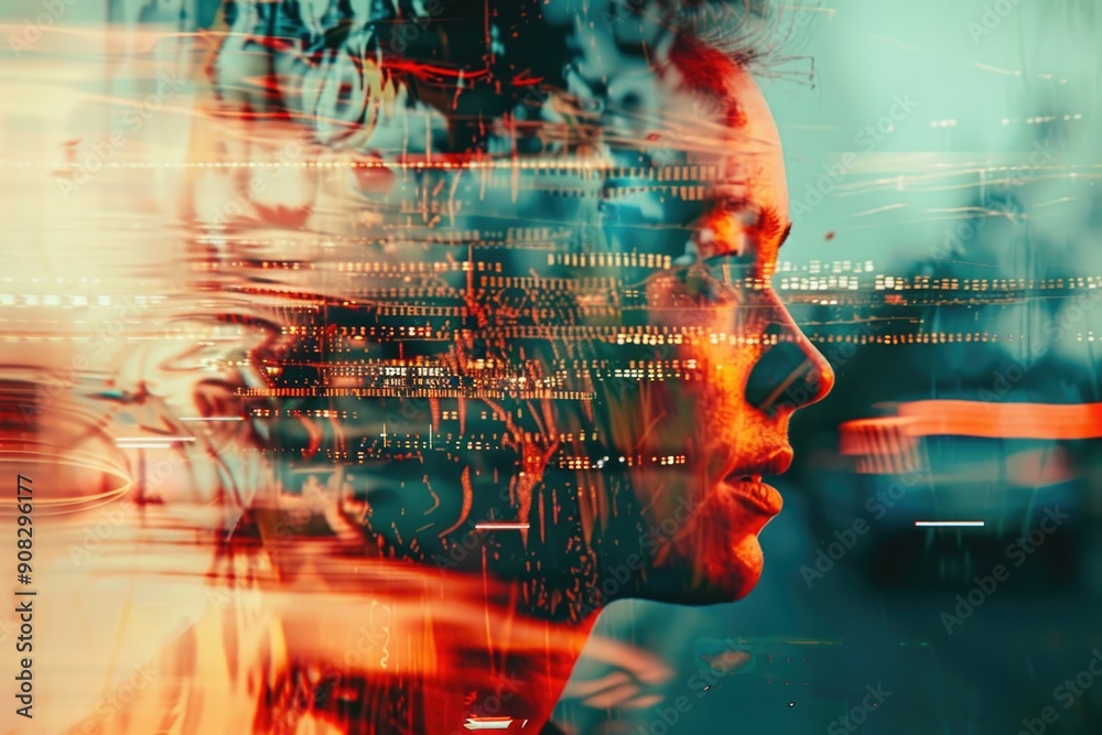 Poster A person studying a computer monitor with focus on the display