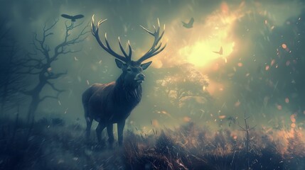 Majestic deer silhouette standing tall in an enchanting misty fantasy landscape bathed in a captivating glowing atmosphere  This surreal otherworldly scene evokes a sense of wonder magic