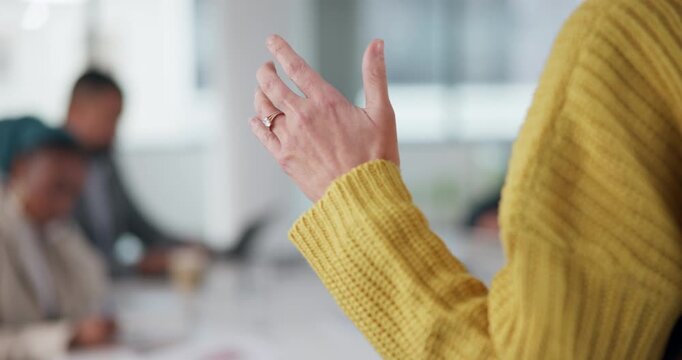 Business people, hand and woman in meeting, presentation and speaker with feedback, proposal and review. Group, closeup and person with ideas, seminar and seo with conversation and gesture in office