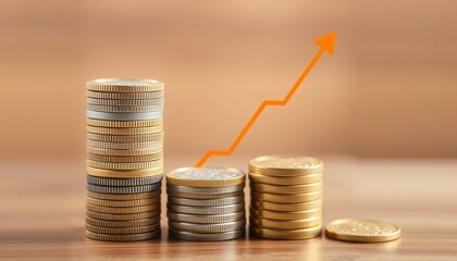 Stacked Coins With Upward Arrow Showing Growth.