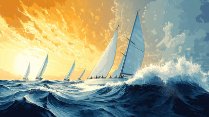A painting of a group of sailboats racing in the ocean. The mood of the painting is energetic and exciting, as the boats are moving quickly through the water