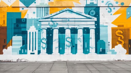 Colorful mural depicting financial symbols and a classical building, representing economy and creativity in urban art.