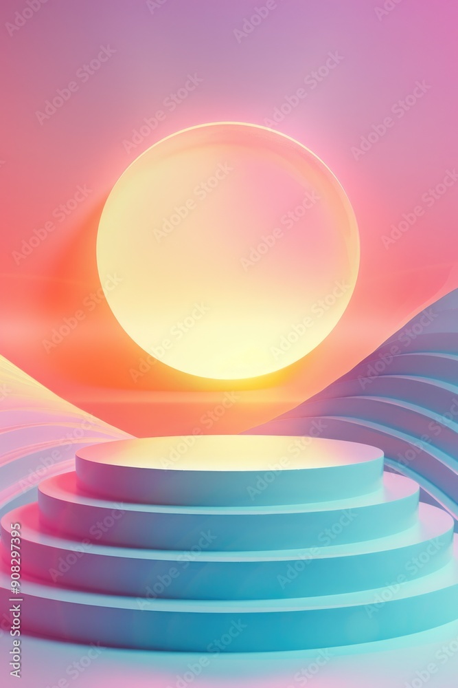 Poster a white platform with a bright light on top, suitable for use in illustrations or graphics about tec