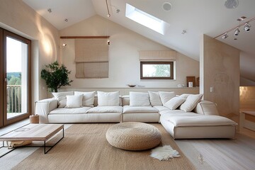 Fototapeta premium A spacious living room with a large sectional sofa. This image is perfect for showcasing modern interior design, comfortable living spaces, and cozy home decor.
