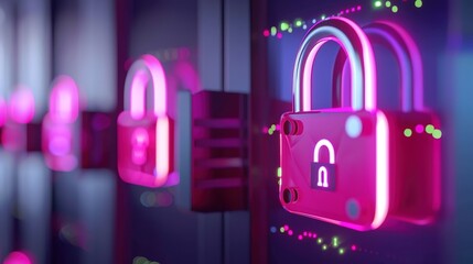 Futuristic Secure Server Room with Data Protection Icons Overlay on Digital Background