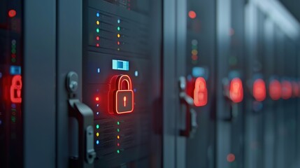 Futuristic Secure Server Room with Data Protection Icons Overlay