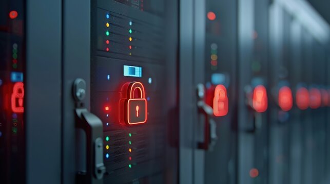 Futuristic Secure Server Room with Data Protection Icons Overlay
