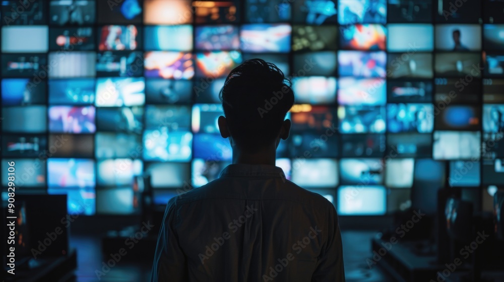 Aufkleber a person stands in front of a large wall covered with tvs, perfect for use as an illustration or bac