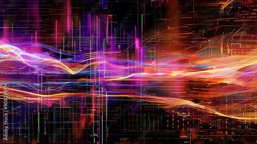 Poster dynamic digital interface with colorful lines and communication elements