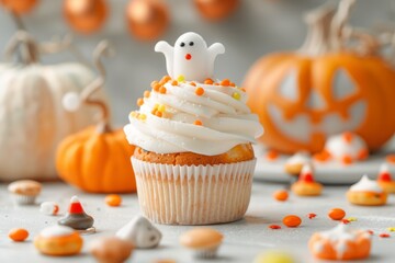 Halloween Cupcake with Ghost Topper and Pumpkin Background 1