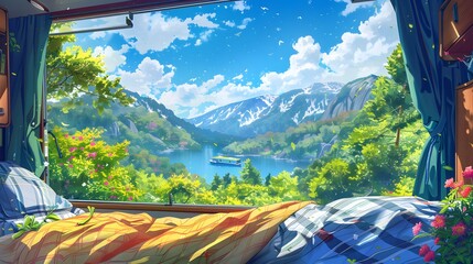 A cozy bedroom with a view of a serene lake and mountains, sunlight streaming in, inviting relaxation.
