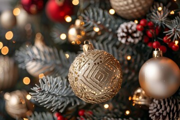 Golden Christmas Ornament on Tree with Bokeh Lights 8