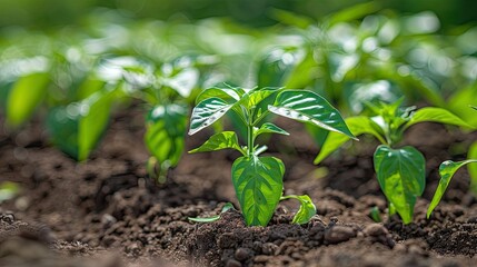 Close-up of young pepper plants in soil. This image represents the start of a new growing season.