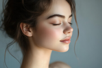 A close up of a girl's face with her eyes closed