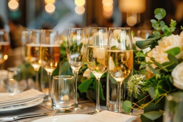 A table set with champagne glasses and flowers. A close-up view of a wedding reception table with champagne glasses and floral centerpieces.