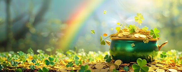 Banner with Pot of gold coins, clover leaves and rainbow. St. Patrick's day concept