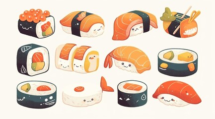 可愛い寿司のキャラクターのセット