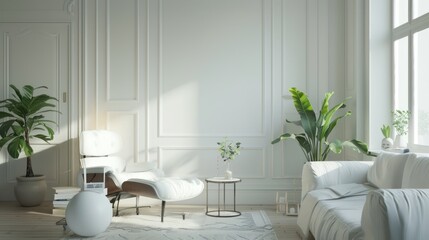 Living room interior of classic European style house, sofa furniture and walls with white nuances