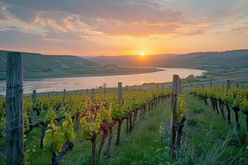 Obraz premium Vineyard with a river at sunset. This image features a scenic view of a vineyard in the countryside, with a river flowing through the landscape and a beautiful sunset in the background.