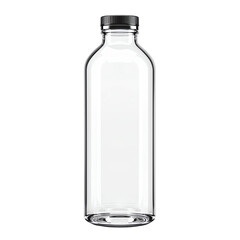High-quality, clear glass bottle with a black cap, isolated on a white background. Perfect for beverage, storage, or decor purposes.