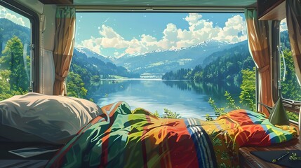 Fototapeta premium A cozy bedroom with a view of a serene lake and mountains, sunlight streaming in, inviting relaxation.