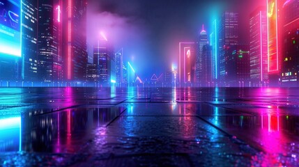 Glowing Cyberpunk Cityscape with Holographic Ads for Text Space - Futuristic Urban Scene with Neon Lights in Digital Style