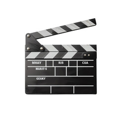 Classic film clapperboard isolated on white background, perfect for movie production, film making, and creative projects.