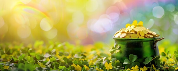Banner with Pot of gold coins, clover leaves and rainbow. St. Patrick's day concept