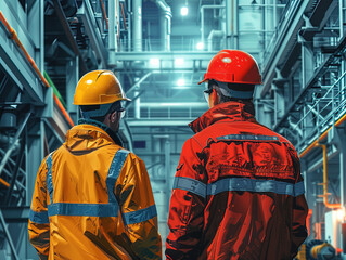 Fototapeta premium Workplace Safety conception Engineering objects on workplace with partners interacting Team Construction Teamwork and determination to succeed. Safety hard hat to prevent accident while working