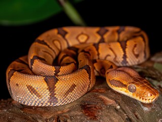 Obraz premium Vibrant and Detailed Close-Up of a Beautiful Ball Python Snake Coiled on a Log with a Dark Background in its Natural Habitat