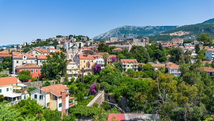 Fototapeta premium Aerial view of the turkish fortress of Kanli Kula in Herceg Novi, a town in located at the western entrance to the Bay of Kotor on the coast of the Adriatic Sea in Montenegro