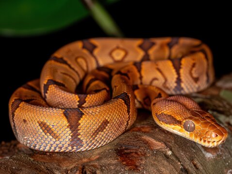 Vibrant and Detailed Close-Up of a Beautiful Ball Python Snake Coiled on a Log with a Dark Background in its Natural Habitat