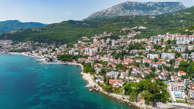 Aerial view of a waterfront residential area in Herceg Novi on the coast of the Adriatic Sea in the Bay of Kotor in Montenegro
