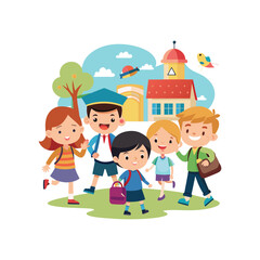 Obraz premium Cartoon Childrens Going Back To School on a white background