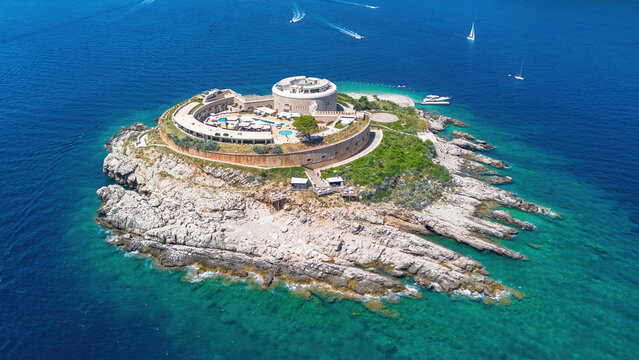 Aerial view of the Lastavica Fortress on Mamula Island at the entrance of the Bay of Kotor in the Adriatic Sea, Montenegro - Ancient concentration camp transformed into a luxury resort