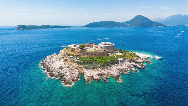 Aerial view of the Lastavica Fortress on Mamula Island at the entrance of the Bay of Kotor in the Adriatic Sea, Montenegro - Ancient concentration camp transformed into a luxury resort