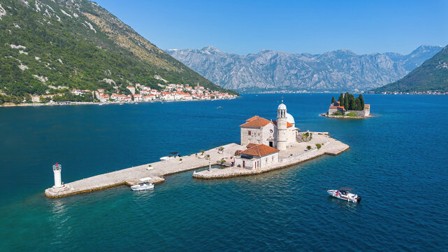 Aerial view of the artificial island of Our Lady of the Rocks (Gospa od &Scaron;krpjela) in the Bay of Kotor off the coast of Perast, Montenegro