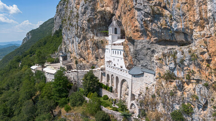Aerial view of the Ostrog Monastery of the Serbian Orthodox Church, built high up in the cliff of Ostroska Greda in Montenegro